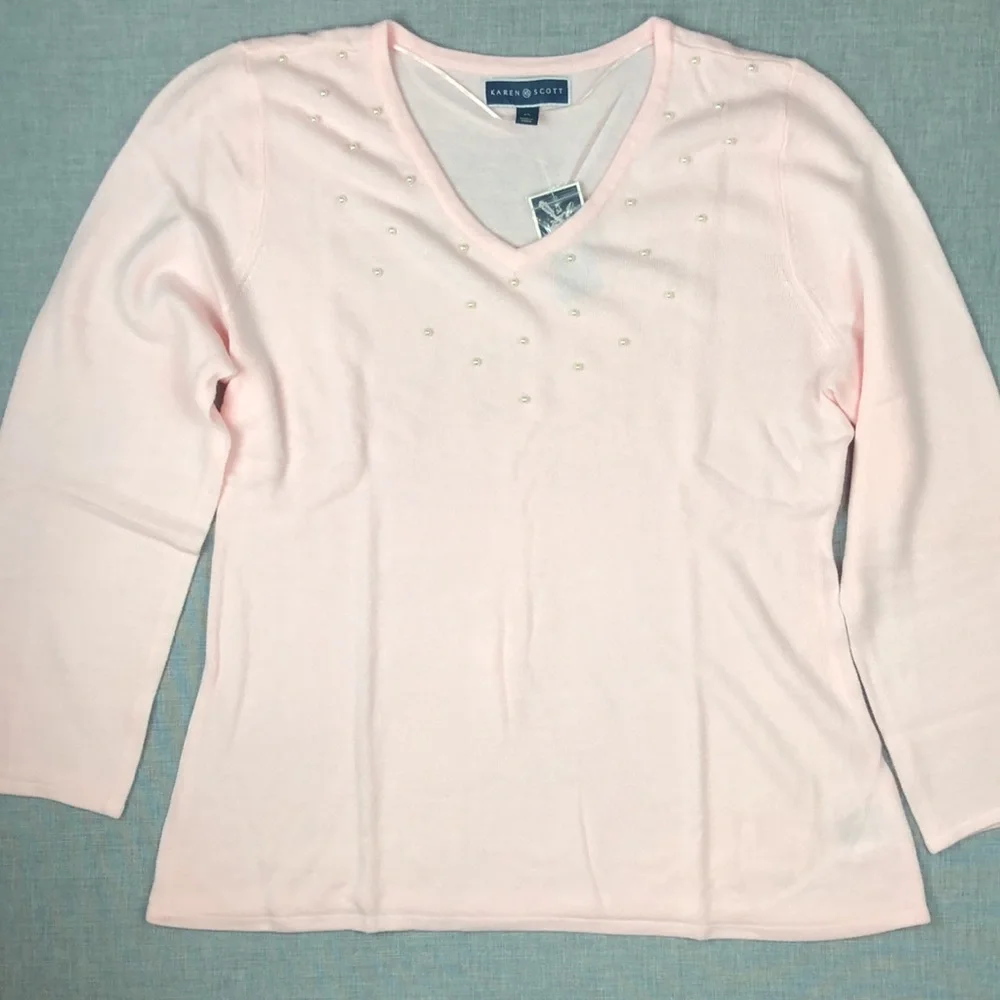 Pink V Neck Pearl Detail Pullover Sweater Size XL & Plus XXL - Picture 2 of 5